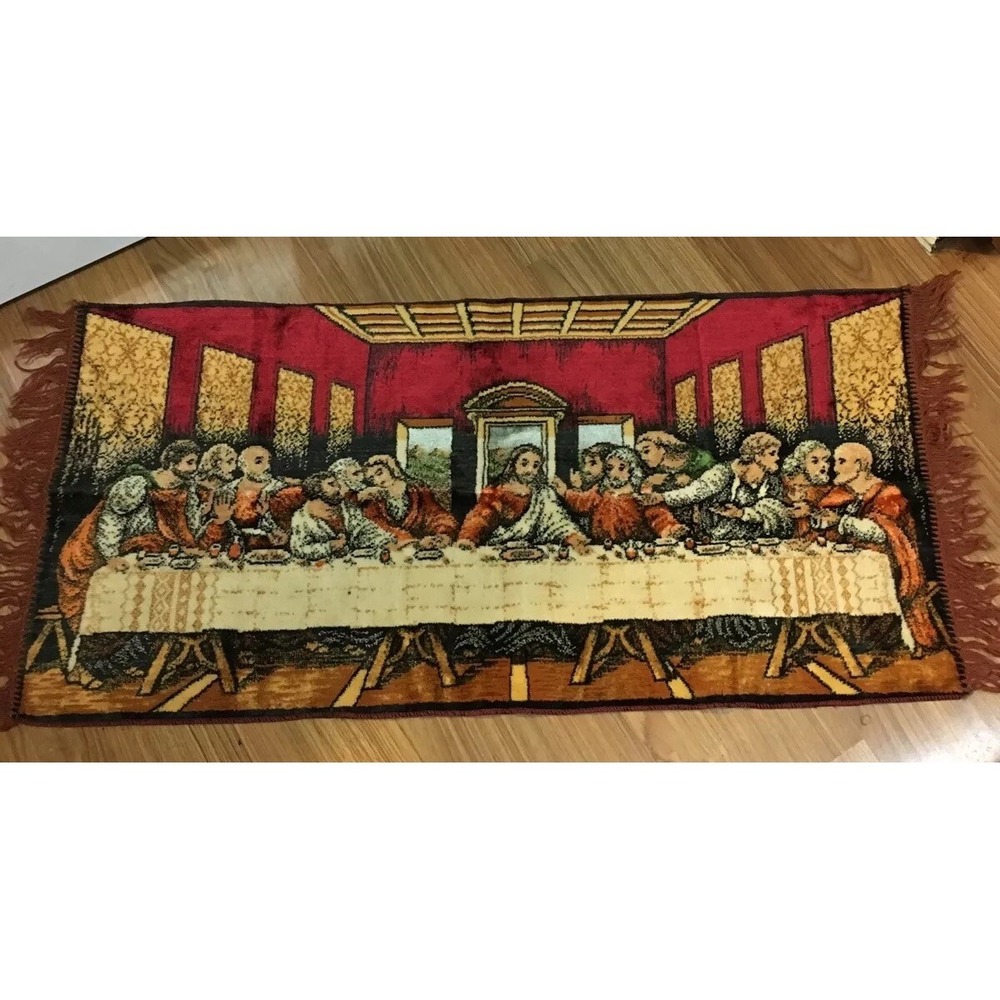 The Last Supper Tapestry Vintage 18"x35"Red Background Fringe
